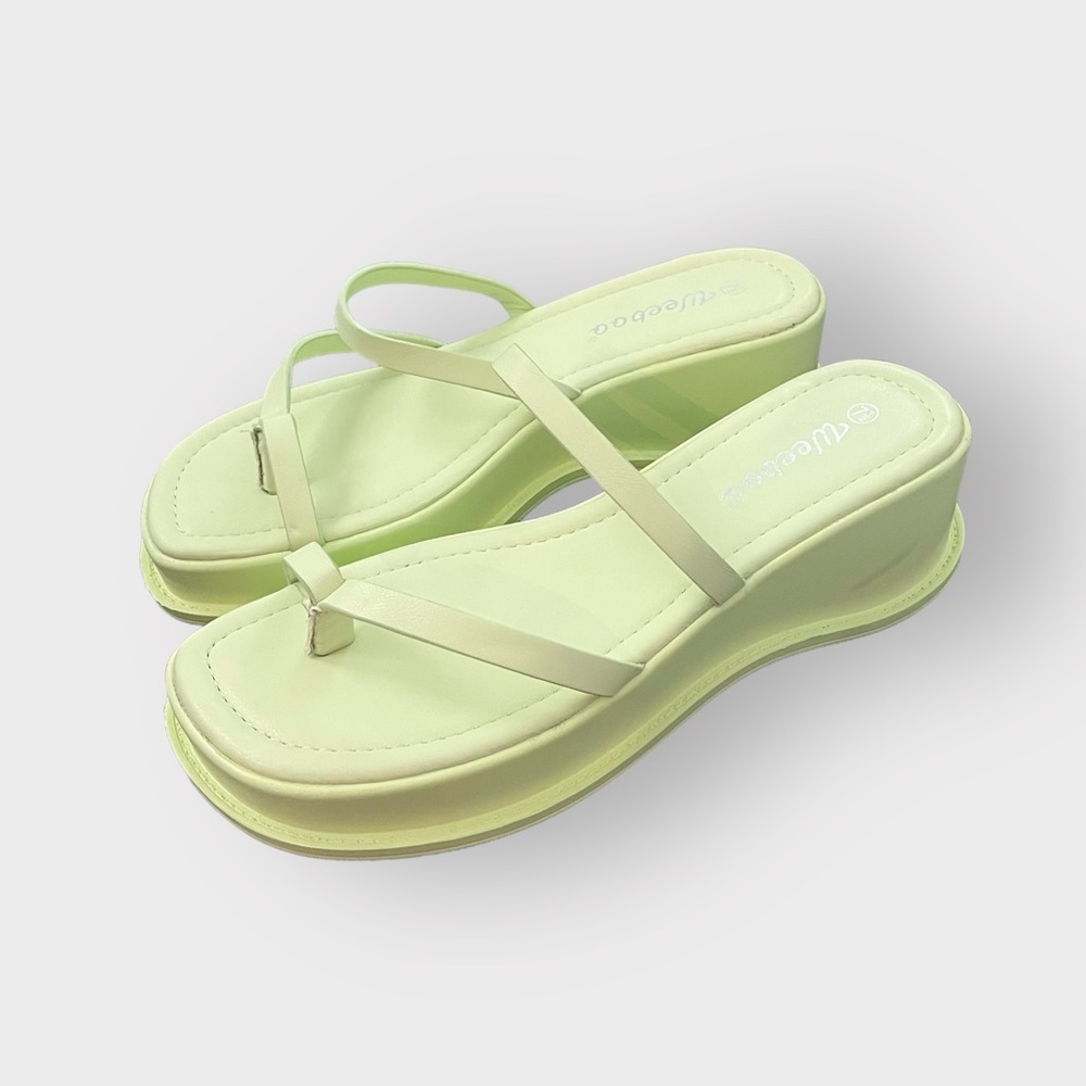 Weeboo Pastel Lime Green Strappy Toe Platform Wedge Sandals Dessy-2